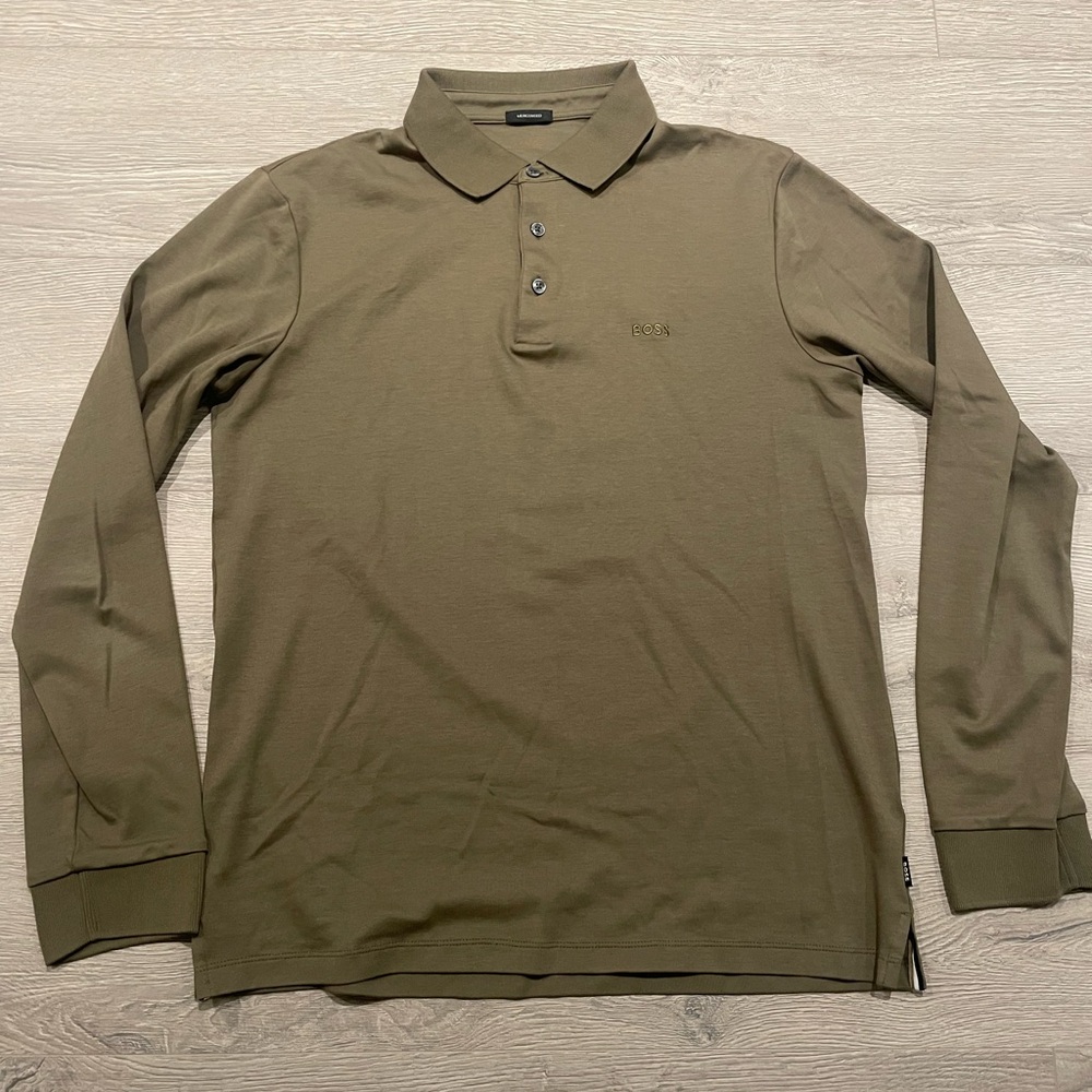 Hugo Boss Soft Olive Green Long Sleeve Polo Shirt
